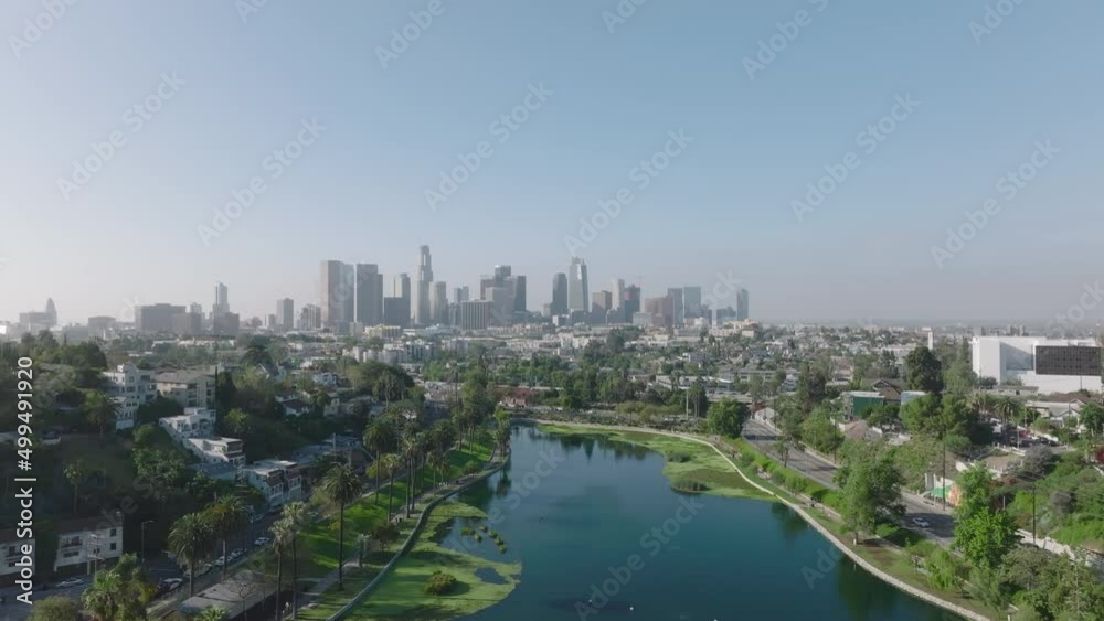 view towards downtown LA descending reveal of Echo Park Lake fountain view towards downtown LA descending reveal of Echo Park Lake fountain