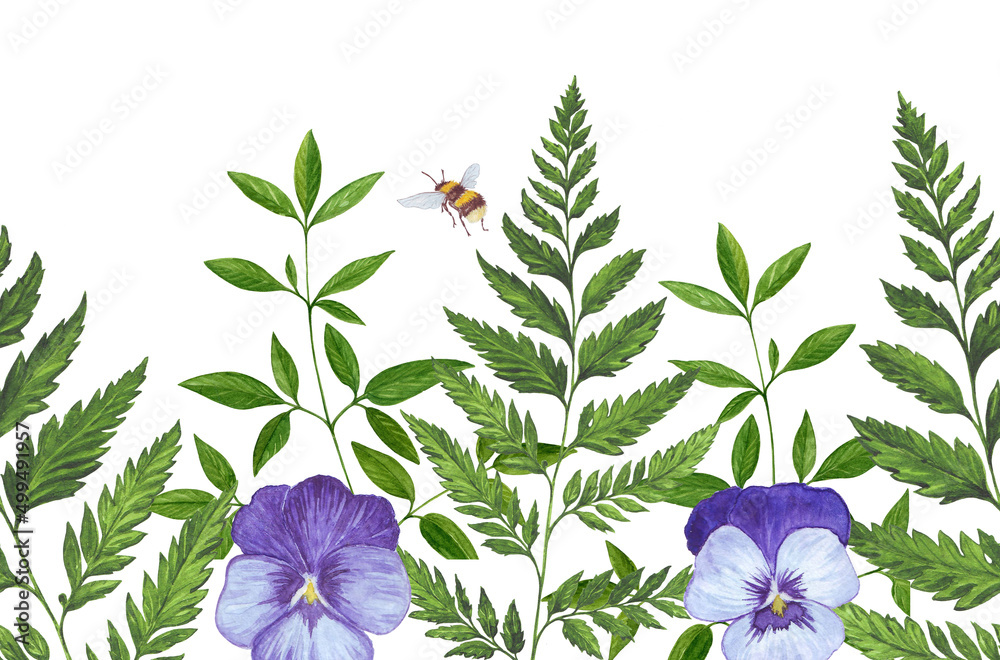 summer garden pattern for textile border, wrapping paper, invitations, watercolor illustration with green leaves, pansy flowers and bees summer garden pattern for textile border, wrapping paper, invitations, watercolor illustration with green leaves, pansy flowers and bees