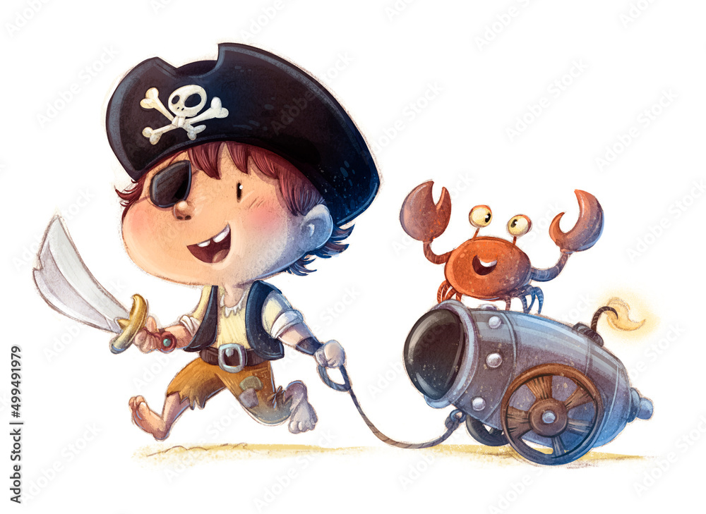 Fototapeta premium illustration of pirate boy with cannon