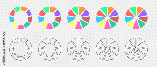 Donut charts segmented in 9 parts in colored and outline variations. Infographic wheels set. Circle diagrams or loading bars. Round shapes divided in nine equal sectors. Vector illustration