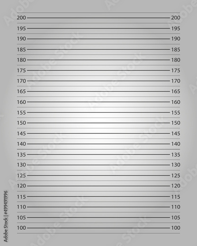 Police mugshot background with centimeters height chart and lighting effect. Photo frame of wanted, arrested or suspect person identity. Photoshoot prop in prison style. Vector realistic illustration photo