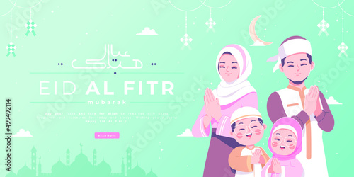happy eid al fitr or eid mubarak islamic family concept banner design 