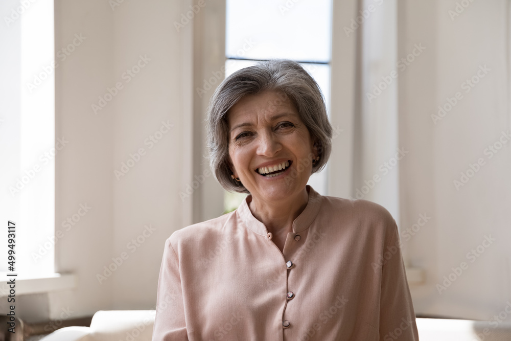 Head shot happy middle-aged grey-haired woman sits on couch smile looks at camera, optimistic female laughing pose staring at cam. Carefree retiree portrait, medical insurance cover for olders concept Head shot happy middle-aged grey-haired woman sits on couch smile looks at camera, optimistic female laughing pose staring at cam. Carefree retiree portrait, medical insurance cover for olders concept