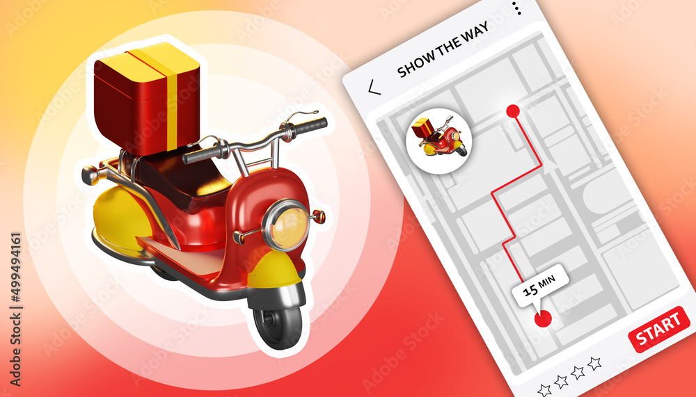 Mobile application for deliveryman or courier. City map for order delivery. City navigator. Program for finding the optimal route. Order delivery service. Delivery scooter. Courier business. 3d image Mobile application for deliveryman or courier. City map for order delivery. City navigator. Program for finding the optimal route. Order delivery service. Delivery scooter. Courier business. 3d image
