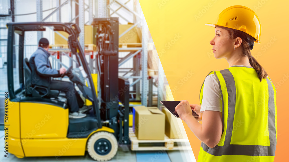 Warehouse services. A woman in the background of a forklift truck. Storekeeper with a tablet computer. Warehouse storage and accounting of goods. People work in the warehouse. Warehouse services. A woman in the background of a forklift truck. Storekeeper with a tablet computer. Warehouse storage and accounting of goods. People work in the warehouse.