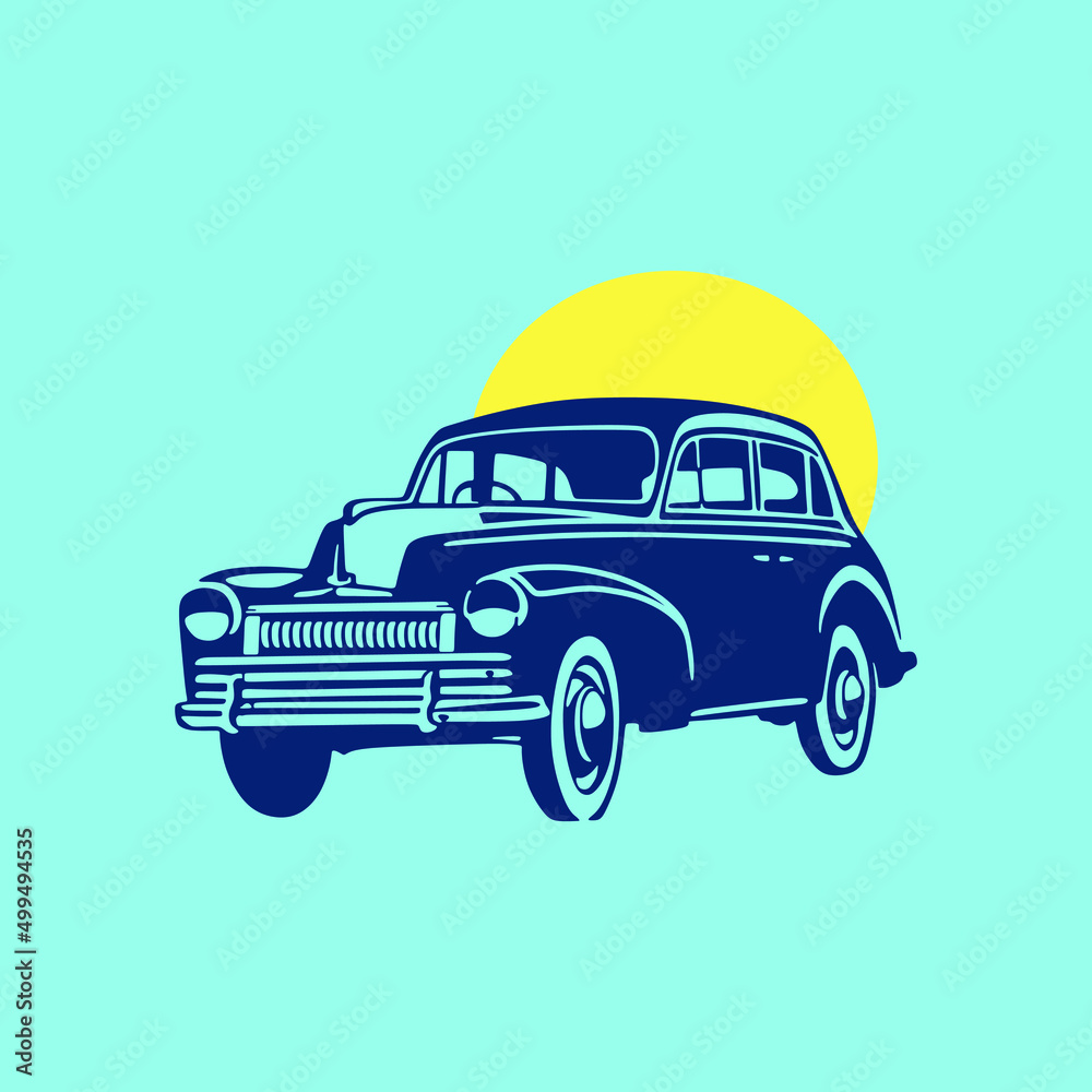 retro car illustration, Blue car vehicle logo icon with yellow sun background