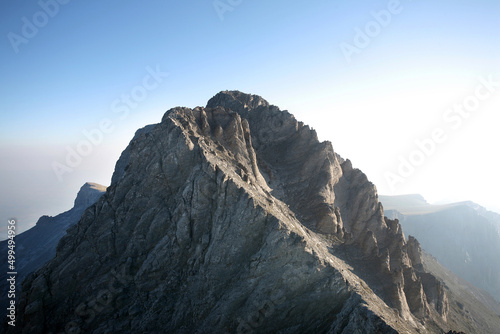 View of Mount Olympus. Mount Olympus is highest mountain in Greece at 2917 meters. Peak name is Mytikas. Mount Olympus is the home of the Twelve Olympians, the principal gods in the Greek pantheon.