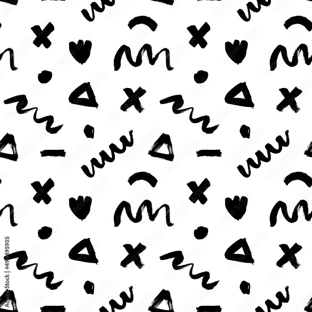 Obraz premium Chaotic ink brush scribbles decorative texture in memphis style. Hand drawn curved and wavy lines with grunge circles, triangles and crosses. Vector seamless pattern with black grunge shapes