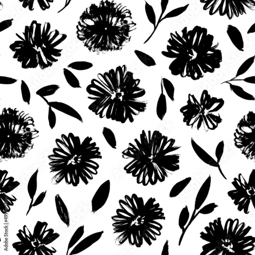 Brush black loose leaves and flowers vector seamless pattern. Hand drawn black paint ink illustration with abstract floral motif. Hand drawn painting for your fabric, wrapping paper, wallpaper design