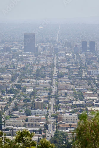 aerial view of downtown skyscrapers on a smoggy day