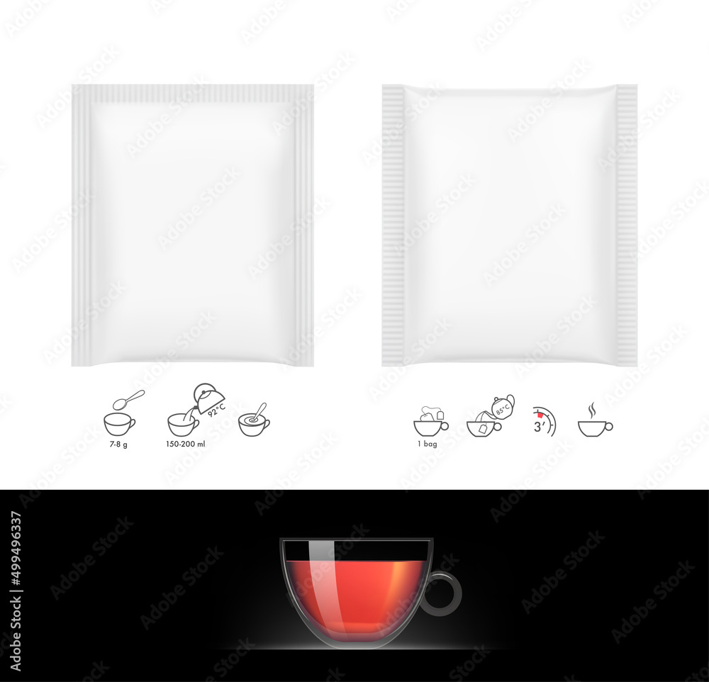 Realistic Tea Sachet Mockup Set Front View Vector Illustration