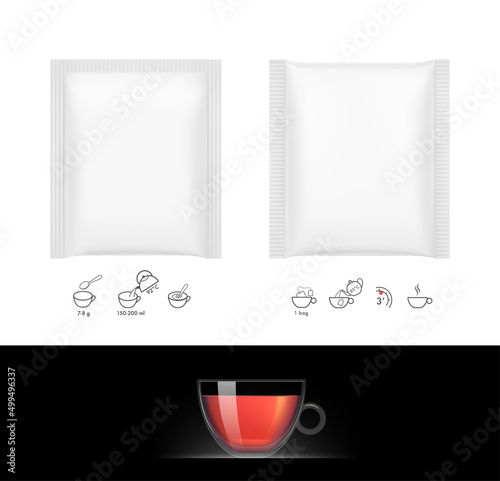 Realistic tea sachet mockup set. Front view. Vector illustration isolated on white background. Ready for your design. EPS10.	