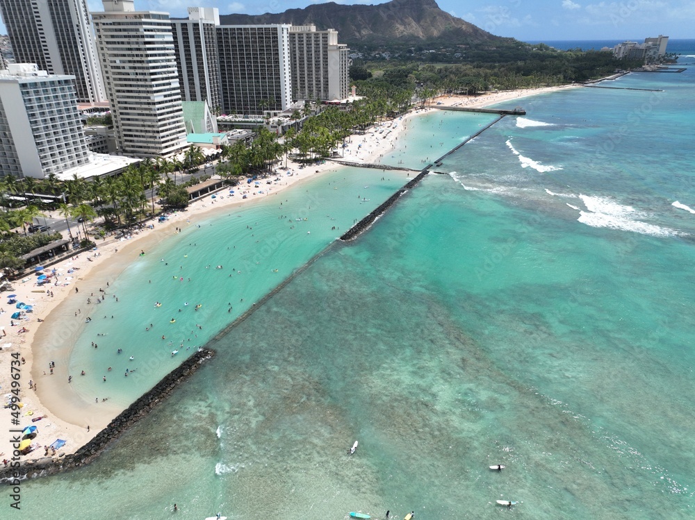 Aerial view of Waikiki Beach in Hawaii and Diamon Head