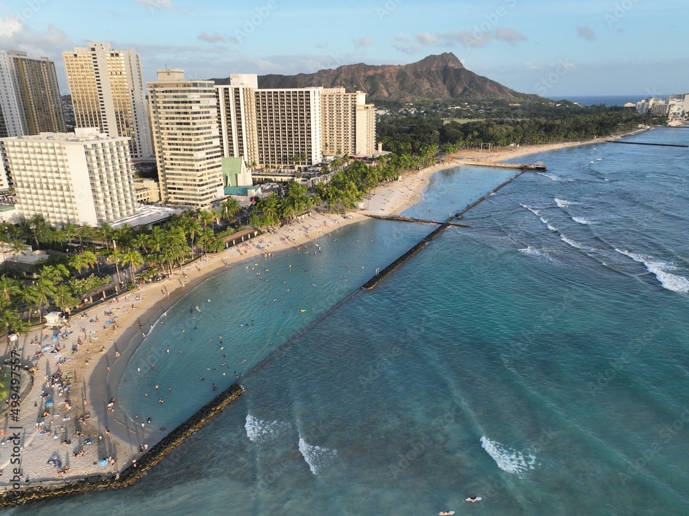 Aerial View of Waikiki and Diamond Head in Honolulu, Oahu, Hawaii