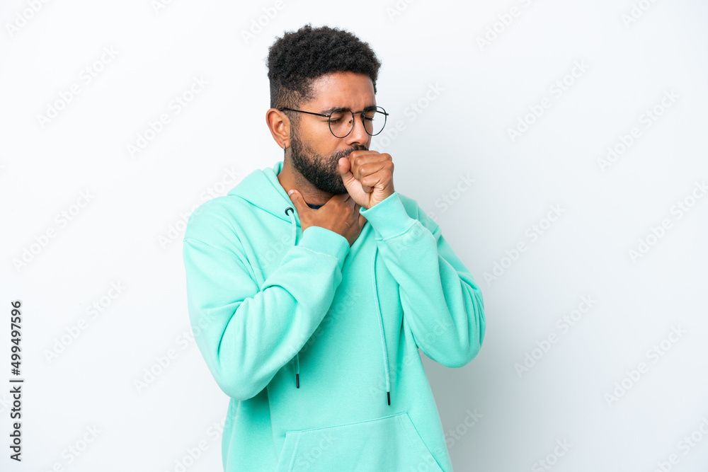 Young Brazilian man isolated on white background coughing a lot Young Brazilian man isolated on white background coughing a lot