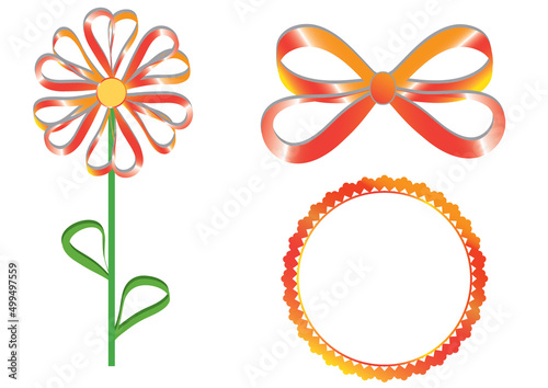 Illustration of variations of shiny red colorful gift components. Set of colorful decorative objects, flower, bow and floral fraae in vector and jpg format. photo