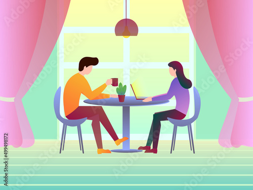 couple in restaurant. People sitting in caffee and having coffee together. Beautiful illustration of two people spending nice time.