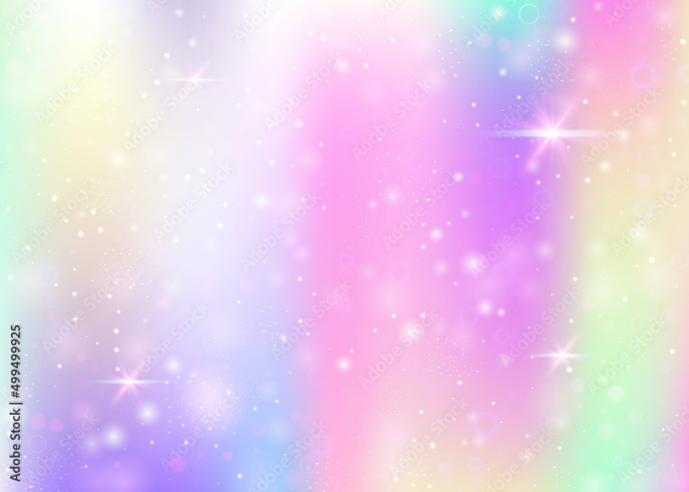 Hologram background with rainbow mesh. Mystical universe banner in princess colors. Fantasy gradient backdrop. Hologram unicorn background with fairy sparkles, stars and blurs. Hologram background with rainbow mesh. Mystical universe banner in princess colors. Fantasy gradient backdrop. Hologram unicorn background with fairy sparkles, stars and blurs.