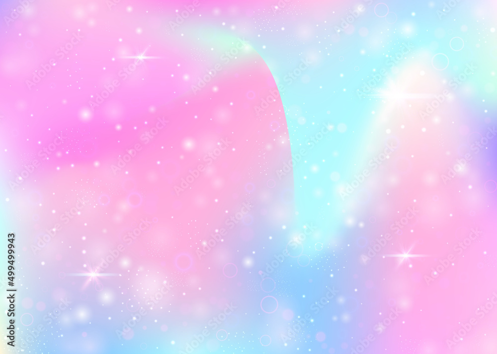 Hologram background with rainbow mesh. Cute universe banner in princess colors. Fantasy gradient backdrop. Hologram unicorn background with fairy sparkles, stars and blurs.