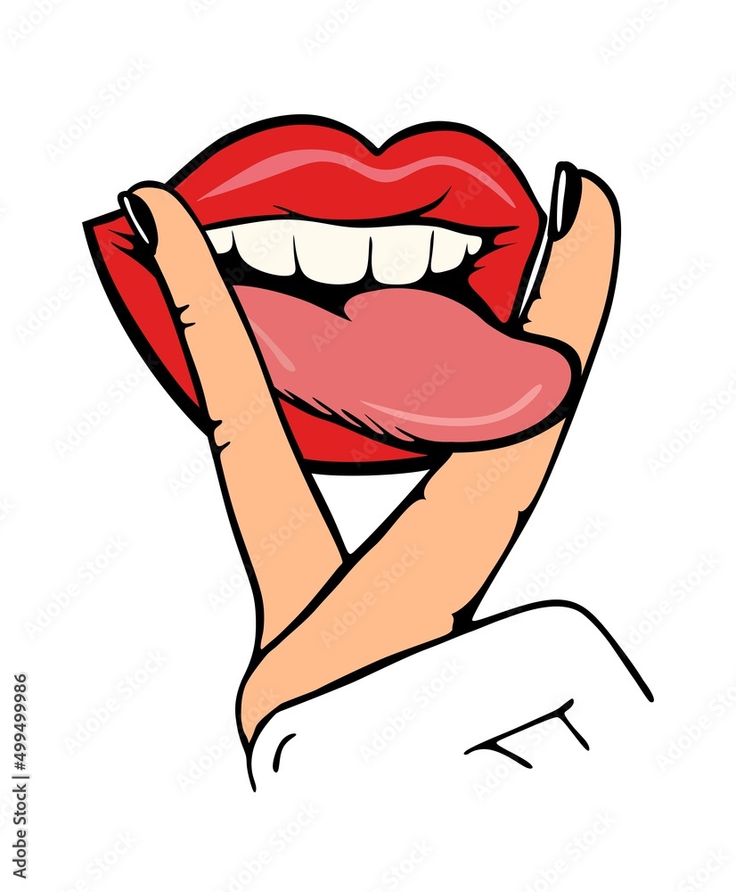Tongue sticking out of mouth.Red vector pop comic lips with tongue.Clip