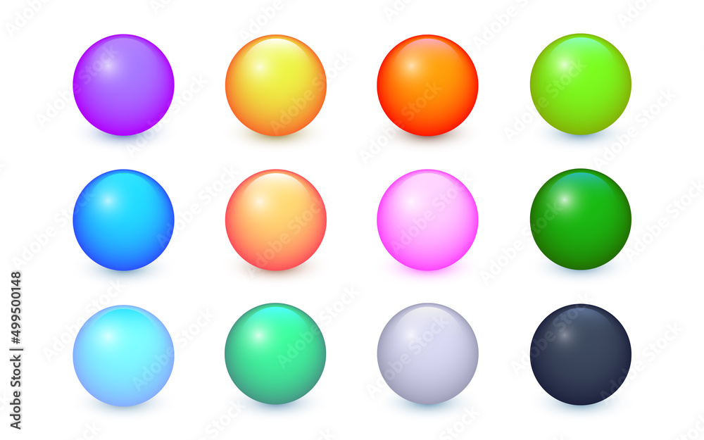 Vector balls set. Collection of colorful balls with shadow. Glossy spheres  isolated on white background. Vector illustration for your design EPS10