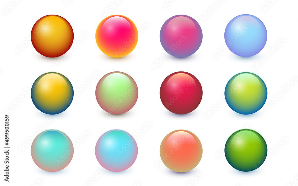 Set of colored balls with glares and shadow on white background. Modern spheres collection with beautiful gradient. Vector balls 3d illustration EPS10 Set of colored balls with glares and shadow on white background. Modern spheres collection with beautiful gradient. Vector balls 3d illustration EPS10