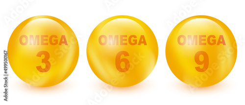 Vector Omega acids three six and nine fish oil pill isolated on white background. Acid epa dha 3, 6 and 9 organic vitamin nutrient