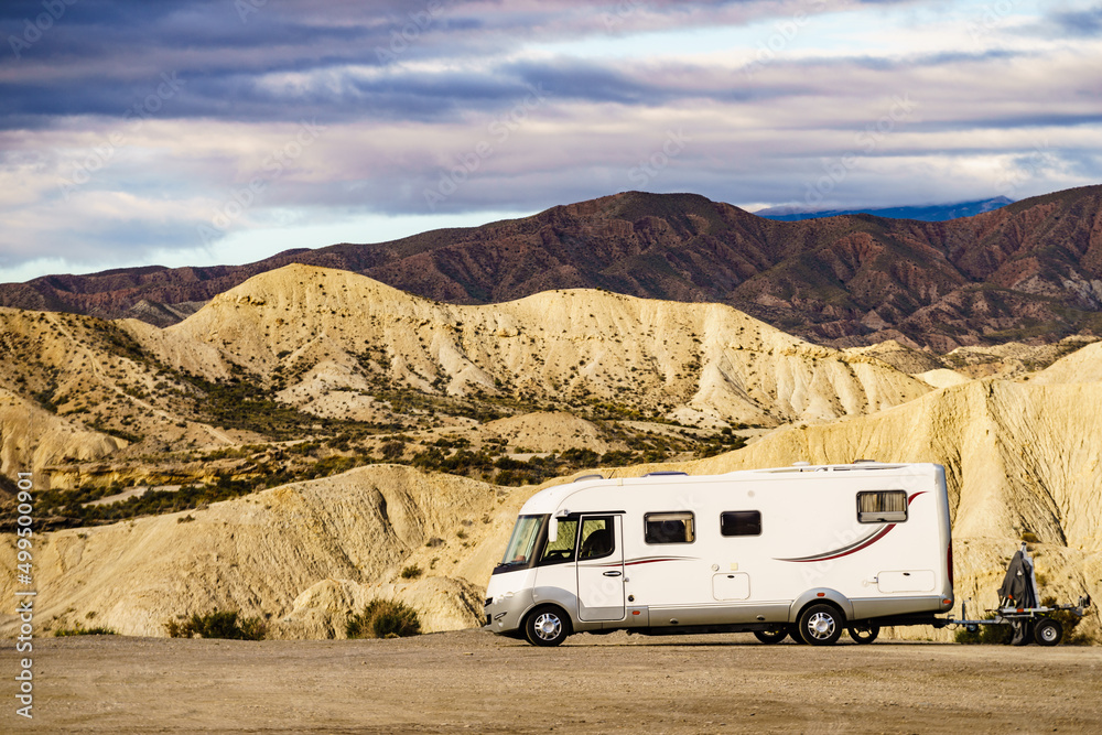 Camper vehiclein Tabernas desert, Spain