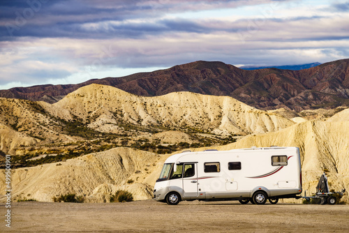 Camper vehiclein Tabernas desert, Spain © anetlanda