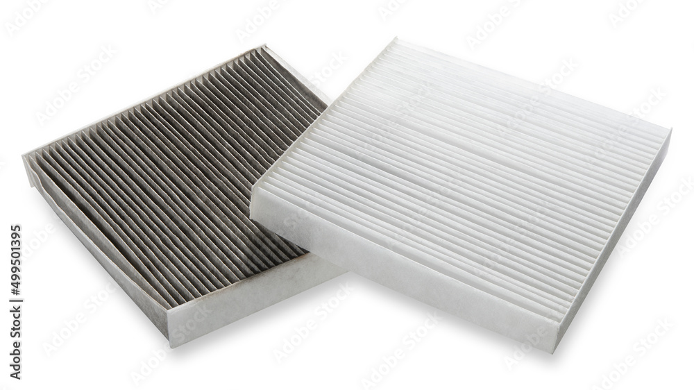 Car cabin air filter. Car air cleaning spare parts. Replace old one air filter on brand new for protect against Allergens, Pollen, Dust mites, Odors, Dirt, Soot, Bacterias, Viruses. High quality photo - obrazy, fototapety, plakaty 