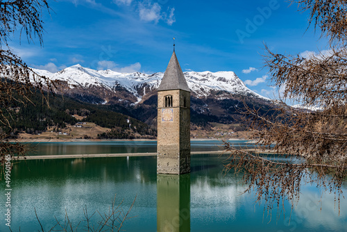 Canvas Front view of the church tower on Reschensee