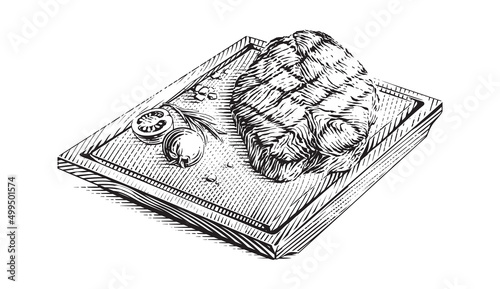 meat steak on wood board hand drawing sketch engraving illustration style