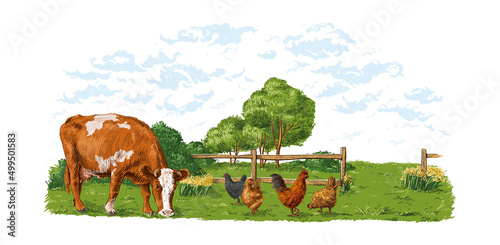 farm hand drawing sketch engraving illustration style