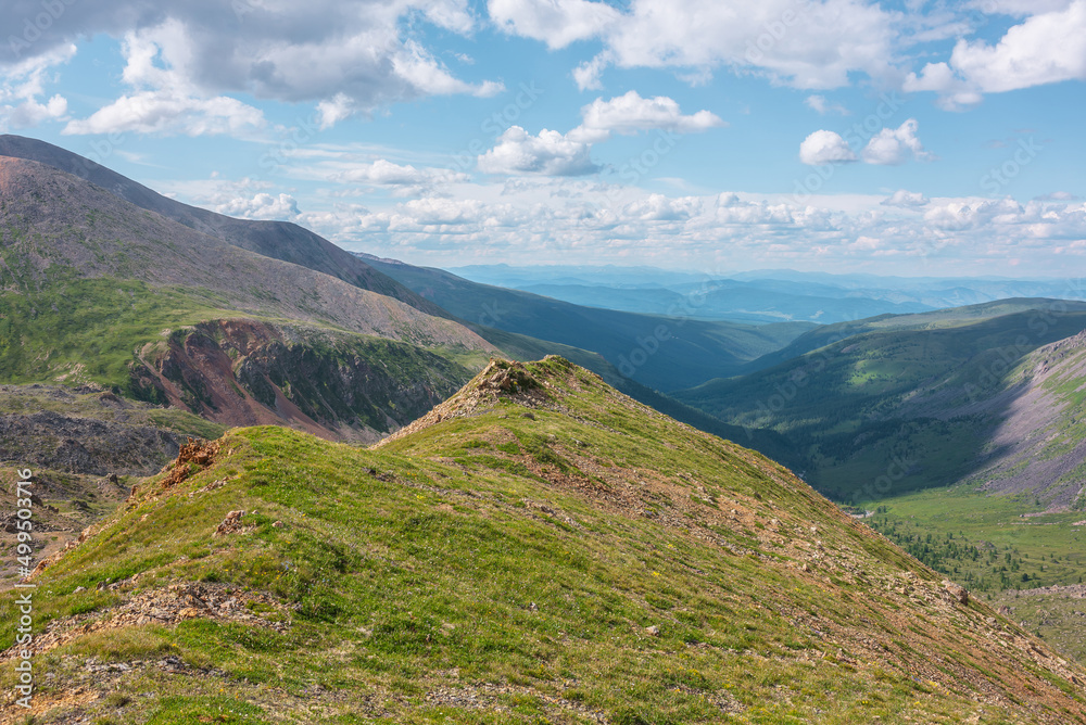 Fototapeta premium Scenic view from mountain ridge to green forest valley among mountain ranges and hills on horizon at changeable weather. Green landscape with sunlit mountain vastness under cumulus clouds in blue sky.