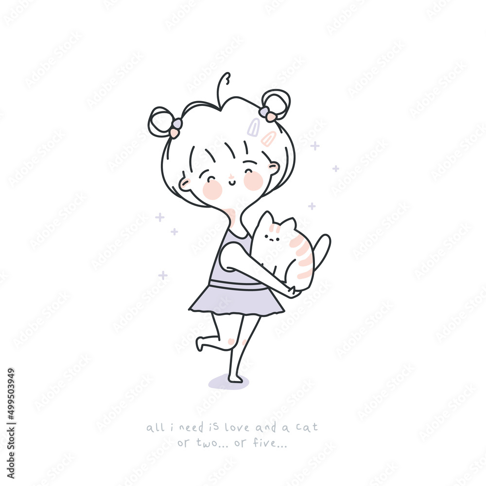 Cute girl with a cat. Elegant minimalist illustration in cartoon style. Line art. Funny girly print for textile, card, poster. Vector Cute girl with a cat. Elegant minimalist illustration in cartoon style. Line art. Funny girly print for textile, card, poster. Vector