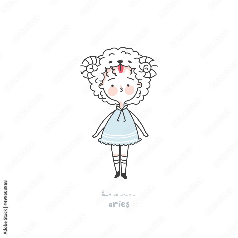 Aries zodiac sign illustration. Astrological horoscope symbol character for kids. Line art cute card in pastel colors. Hand draw vector design in cartoon style
