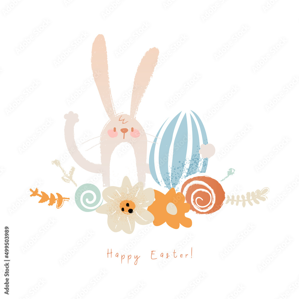 Happy easter cute bunny illustration. Hand drawn funny card with rabbit in cartoon style. Vector