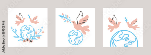 Flying dove and planet earth set of cards. Minimalistic illustration for International Day of Peace. Vector