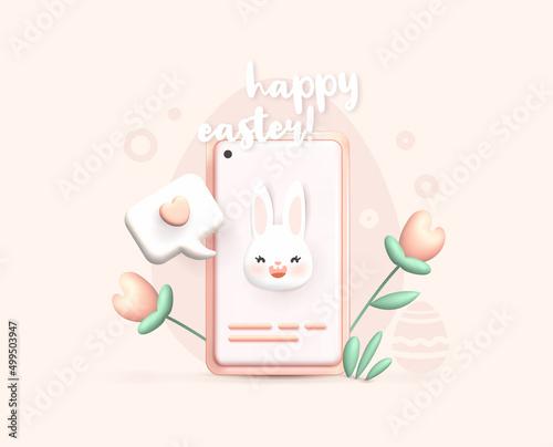 Happy easter 3d design. Realistic pink smartphone with bunny face, message and flowers. Greeting card, banner, holiday design. Vector illustration