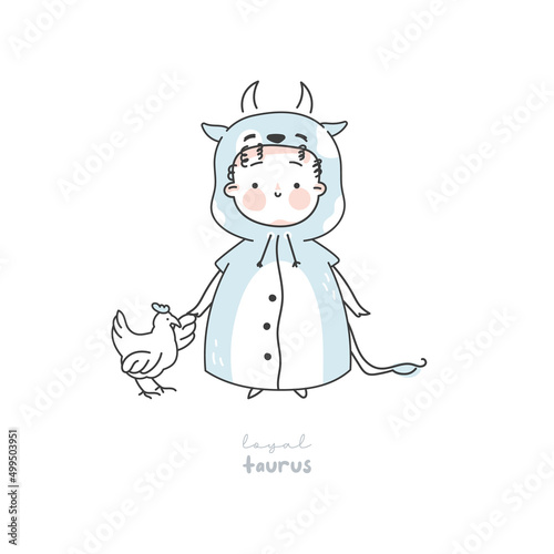 Taurus zodiac sign illustration. Astrological horoscope symbol character for kids. Line art cute card in pastel colors. Hand draw vector design in cartoon style