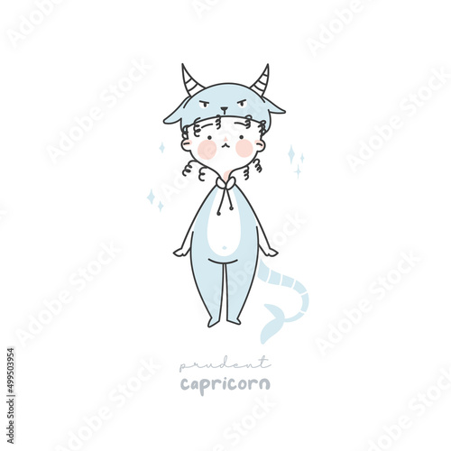 Capricorn zodiac sign illustration. Astrological horoscope symbol character for kids. Line art cute card in pastel colors. Hand draw vector design in cartoon style