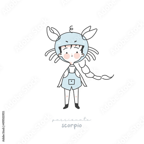 Zodiac sign scorpio illustration. Astrological horoscope symbol character for kids. Line art cute card in pastel colors. Hand draw vector design in cartoon style