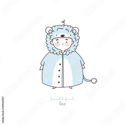 Zodiac sign Leo illustration. Astrological horoscope symbol character for kids. Line art cute card in pastel colors. Hand draw vector design in cartoon style