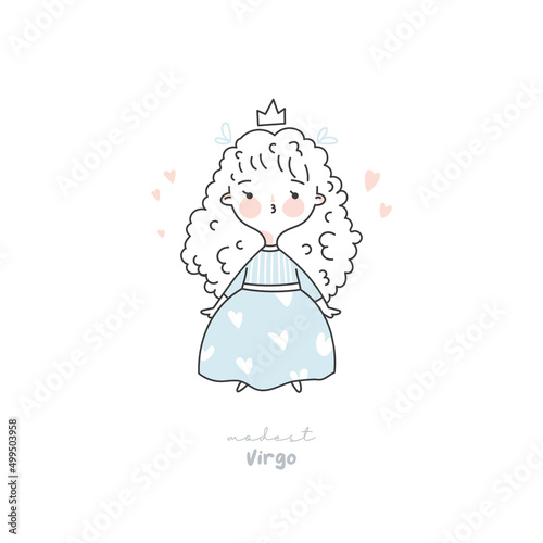 Virgo zodiac sign illustration. Astrological horoscope symbol character for kids. Line art cute card in pastel colors. Hand draw vector design in cartoon style