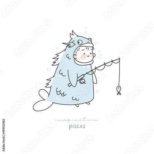 Pisces zodiac sign illustration. Astrological horoscope symbol character for kids. Line art cute card in pastel colors. Hand draw vector design in cartoon style