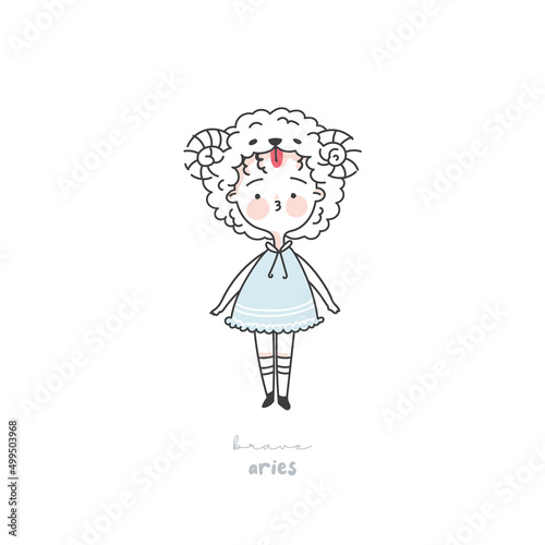 Aries zodiac sign illustration. Astrological horoscope symbol character for kids. Line art cute card in pastel colors. Hand draw vector design in cartoon style