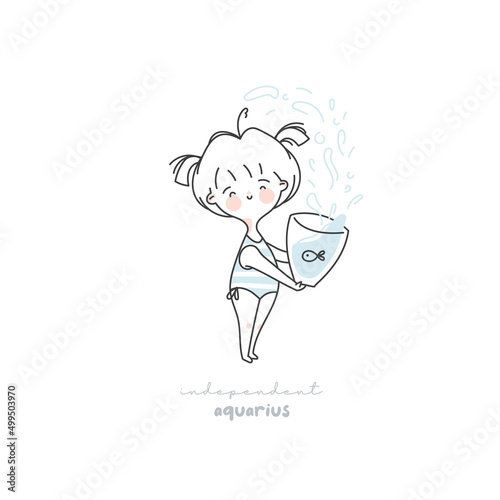Aquarius zodiac sign illustration. Astrological horoscope symbol character for kids. Line art cute card in pastel colors. Hand draw vector design in cartoon style