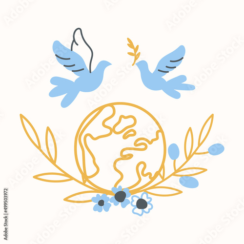 Flying dove and planet earth. Minimalistic illustration for International Day of Peace. Vector