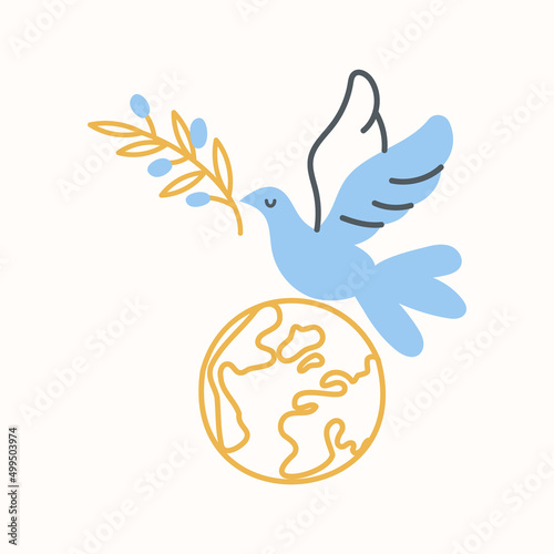 Flying dove and planet earth. Minimalistic illustration for International Day of Peace. Vector