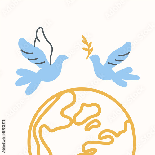 Flying dove and planet earth. Minimalistic illustration for International Day of Peace. Vector